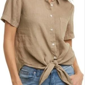 Theory Hekanina 2 Linen Tie-Front Top in Khaki [Size S]